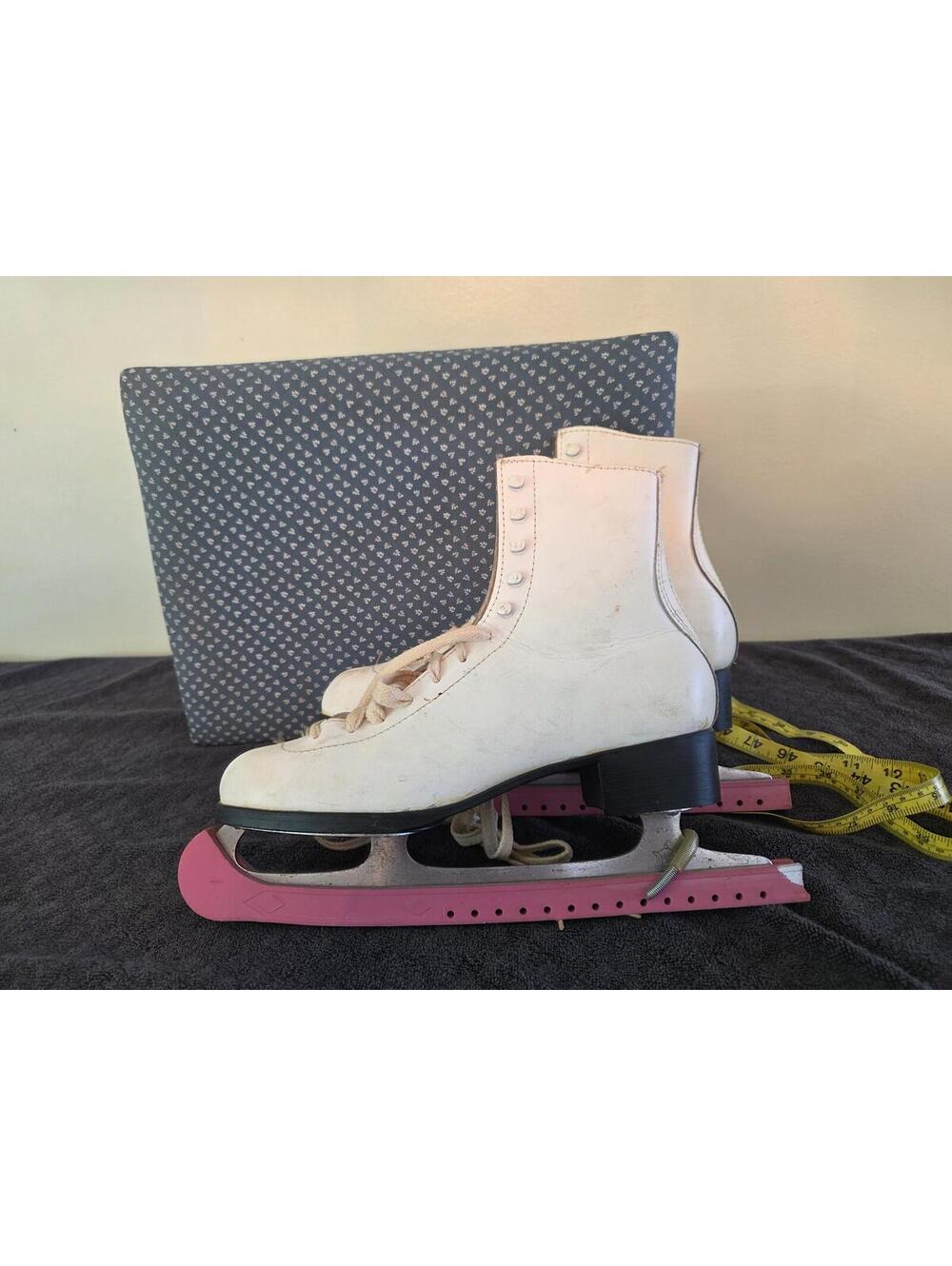 Vintage White Leather Figure Skates Pink Blade Guards ACME Old Ice Skates Decor